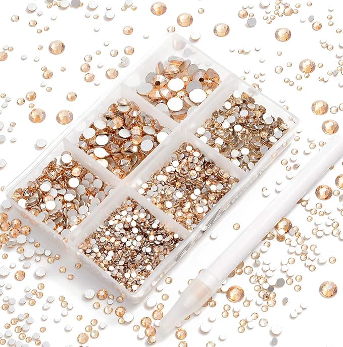 AD Beads 4300 Pieces Flat Back Nail Art Rhinestones Round Beads 6 Sizes (2-6.5mm) with Storage Organizer Box,Rhinestones Picking Pen for Nail Art Phone Decorations Crafts DIY (Champagne)