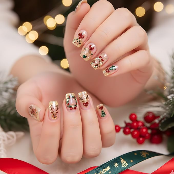 Keluna Christmas Nail Art Stickers - 2Pcs 5D Embossed Shinny Gold Xmas Nail Stickers, Winter Snowflake Nail Decals, Elk Wreath Xmas Tree Nail Decals for Women DIY Manicure Decorations Accessories
