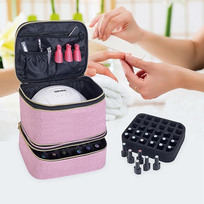 Nail Polish Organizer, Handheld Double Layer Nail Polish Storage with Adjustable Dividers, Holds 30 Bottles (15ml/0.5 fl.oz) for Nail Polish Lamp Manicure Tools and Essential Oil, Pink