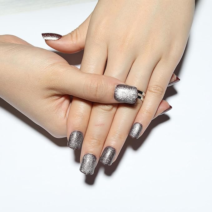 Glittering Silver Press on Nails Short Square, Silver Fake Nails Kit, Fashion Glossy Acrylic Short Press on Nails, Natural Stick on Nails, Thick Reusable Glue on Nail for Women, 24Pcs