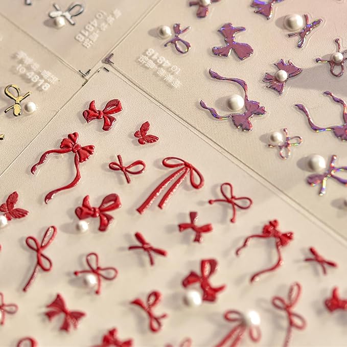 Embossed Bow Nail Art Stickers 5D Valentines Nail Decals with Pearl Design Cute Nail Stickers Self-Adhesive Red Butterfly Nail Accessories Valentines Stickers Supplies for Women Manicure Decor 1Sheet