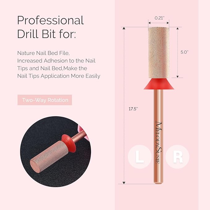 MelodySusie Large Barrel Nail Buffer Bit, Professional Safety Carbide Nail Bit for Nature Nail Bed File Cuticle Dead Skin Cleaning Nail Prepare, Two Way Rotate, Manicure Nail Salon Supply, Rose Gold,F