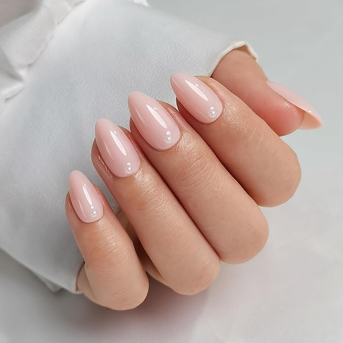 Press On Nails - Pearl | Bubble Bath Medium Almond Fake Nails With Pearl Design, Reusable Salon Quality | 32 Nails, 16 Sizes Kit with Glue and Adhesive Tabs I Female Founded