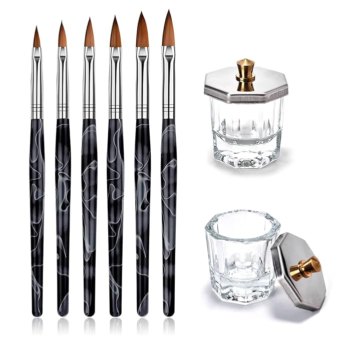 Kalolary 2Pcs Nail Art Dappen Dish with 6Pcs Acrylic Nail Brush Set, Mini Glass Cup with Lid, UV Gel DIY Brush Set, Acrylic Liquid Powder Styling Tool(Black Brush)