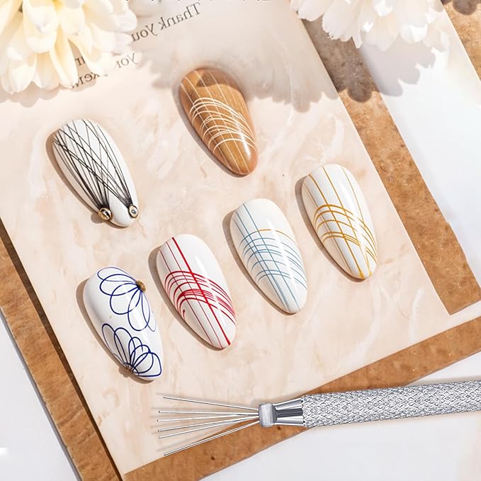 2PCS UltraThin Nail Art Brush 7 Pin Bendable Nails Gel Liner Brushes Nails Design Tools, Stainless Steel Handle Stripe Lines Nail Art Pens Brush, Spider Gel Manicure Tools Wire Pen