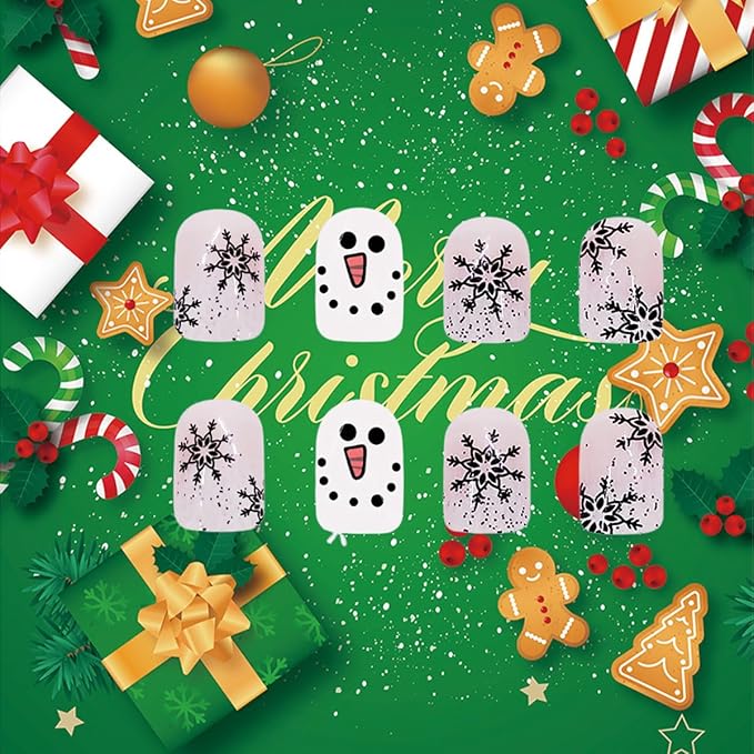 24pcs Christmas Press on Nails Short Square Black Snowflake Designs Cute Snowman False Nails With Glitter Winter Xmas Artificial Nail Decoration for Women Girl