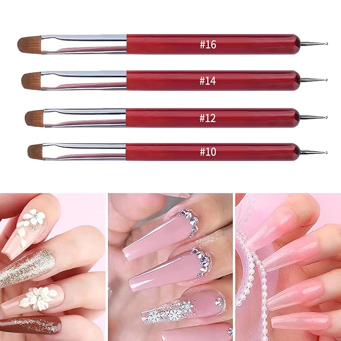 4Pcs French Tip Brush, Double-Ended French Brushes for Nails with Dotting Tool, Clean Up Brush for Gel Nail Polish, Size 10/12/14/16, Acrylic Nail Art Brushes, Manicure Tools for Nail Design-Red