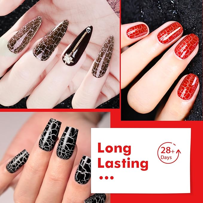 MTSSII 12pc Crackle Gel Nail Polish Set - 8 Colors (Red, Purple, Orange, Pink, Green, Blue) + White & Silver Gel Polish - Air Dry & UV LED Lamp Needed