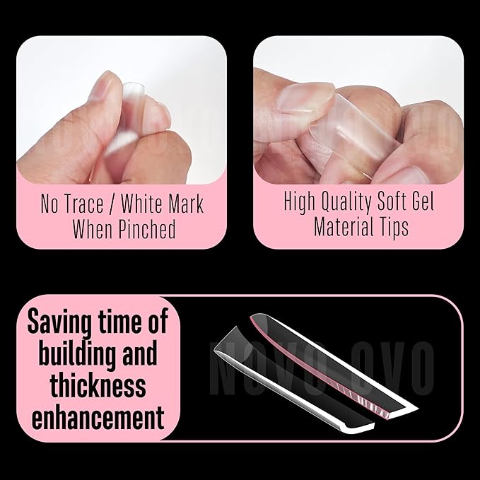 NOVO OVO XXL Lipstick Shape Nail Tip, Natural (not Sculpted), Symmetrical Cut Extra Thick False Nails Press On, Full Cover Soft Gel Extension Fake Nail Acrylic Kit French Tip X 15 Size 180pc