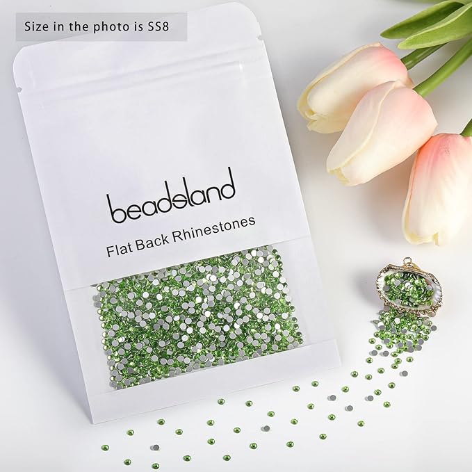 Beadsland Flat Back Crystal Rhinestones Round Gems for Nail Art and Craft Glue Fix, Light Green, 2.3-2.5mm, SS8/1440pcs