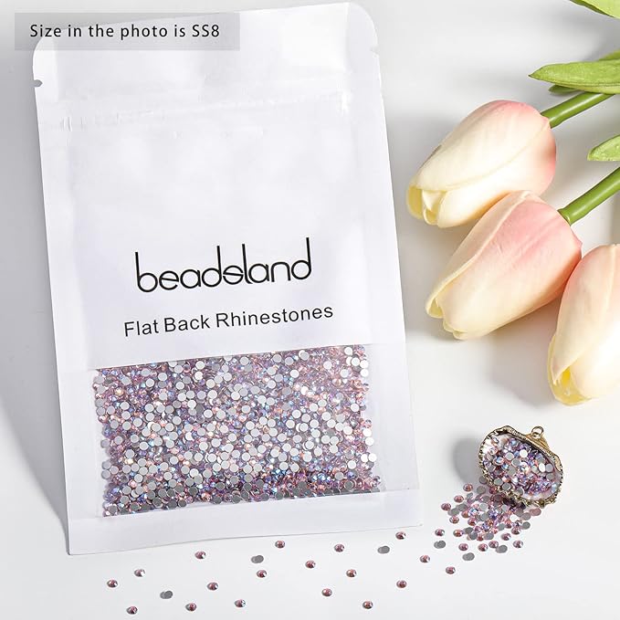 Beadsland Flat Back Crystal Rhinestones Round Gems for Nail Art and Craft Glue Fix, Light Pink AB, 2.3-2.5mm, SS8/1440pcs