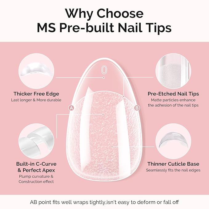 MelodySusie Short Almond Gel Nail Tips Kit-300Pcs Pre-Building Apex Fake Nail Tips 20g Solid Nail Glue Gel,Half Matte Full Cover Clear Acrylic Nail,15Sizes Thick Strong Long Lasting for Home DIY&Salon