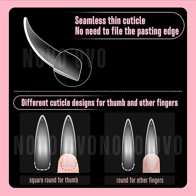 NOVO OVO Halloween XXL Curved Almond Stiletto Nail Tips Press on Full Cover, Soft Gel X Extra Thick Long Acrylic Hawk Curve Fake Nails Extension, Clear Pre-etched French False Nail 12 Sizes 240 Pcs