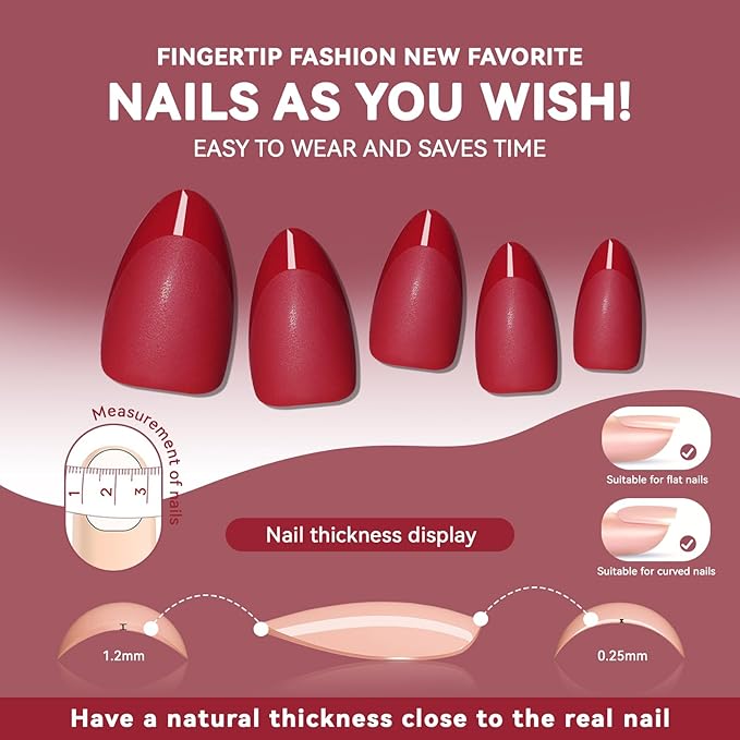 Red French Press on Nails Short Almond-Solid Red Nails with Glossy French Tip in a Matte Finish, Soft Gel Reusable Fall Fake Nails Winter Burgundy Stick on Nails for Women Gift, 32PCS 16 Sizes