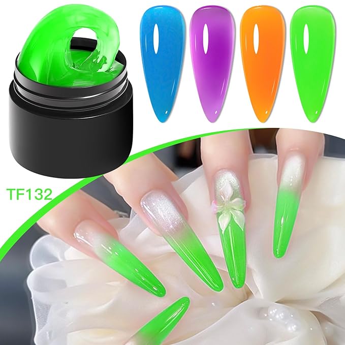 MEET ACROSS 9Pcs Neon 3D Builder Gel Kit for Nail Art Orange Green Blue Purple Non Sticky Hand Carving Extension Solid Builder Gel for Nails with Silicone Pen Manicure Kit 4 Colors