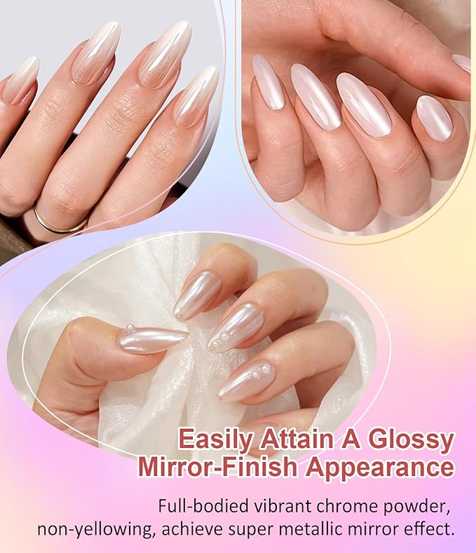 Chrome Nail Powder and 3D Nail Gel Kit BISHENGYF: 15g No Wipe 3D Sculpting Gel Aurora Mermaild Pink White Pearl Chrome Nail Powder with Clear 3D Carving Nail Molding Glue Set for Nail Art Decoration
