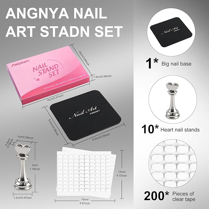 ANGNYA Nail Stand for Press Ons,Square Shape Super Magnetic Base Nail Holder for Painting Nails with 200 Pcs Reusable Double-Sided Tape for Nails Practice Nail Tools Home DIY Salon Supplies