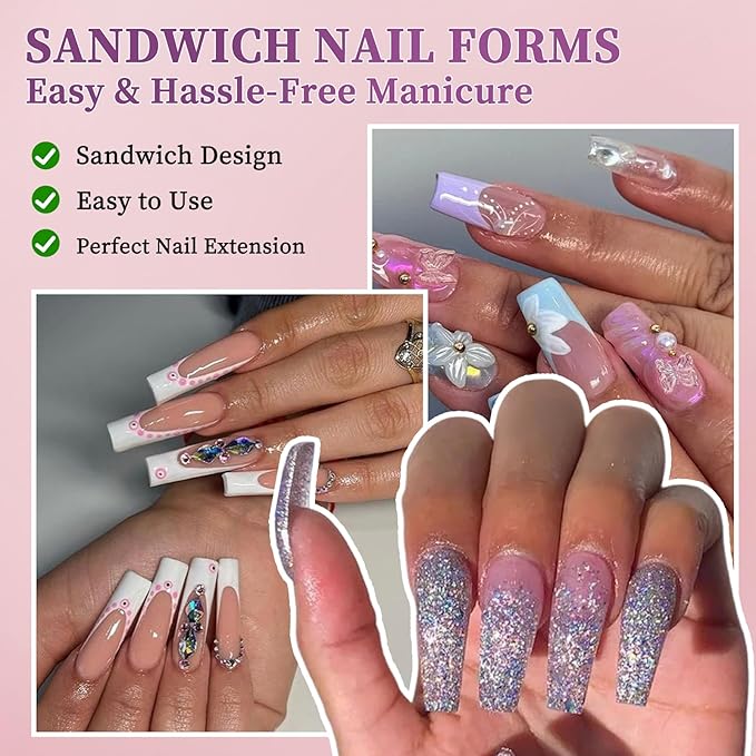 280Pcs Sandwich Dual Nail Forms - 14 Sizes Oval Shape for Builder Gel, Reusable Full Cover Nail Extension Molds for Professional Salon & Home DIY