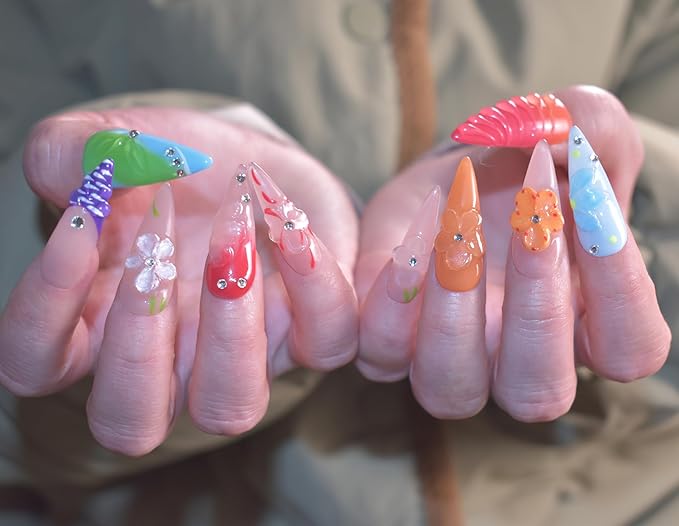 Handmade Press On Nails Long Stiletto Fake Nails Glue Stick On Nails with Flowers Bling Rhinestones