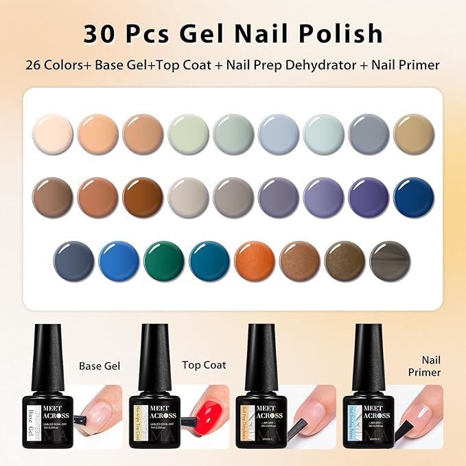 MEET ACROSS 30Pcs Nude Brown Gel Nail Polish Set Gel Polish Grey Blue Purple Roasted Chestnuts Chocolate Series Gel Nail Kit Gift for Women 26 Colors