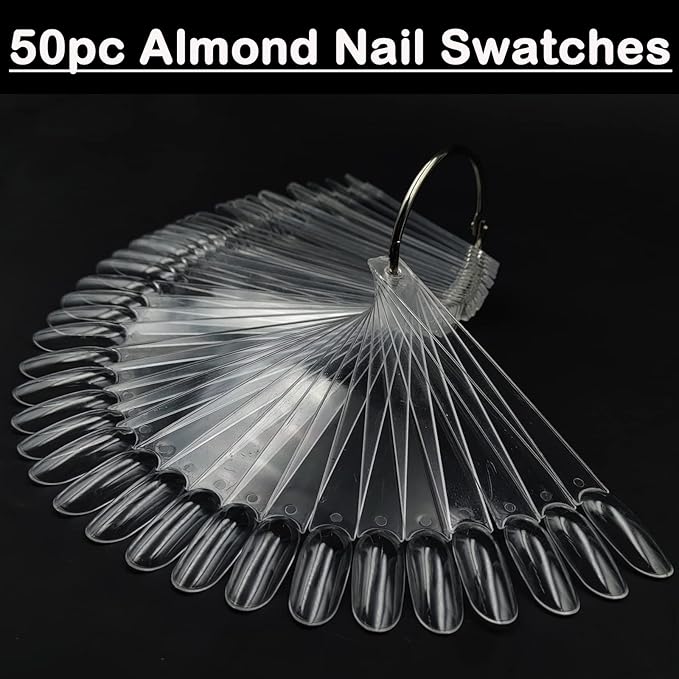 LoveOurHome 150pc Clear Nail Swatch Sticks - Long Stiletto Cofffin Almond Nails Polish Swatches Sample Nail Tester Sticks - Display Cards with Ring