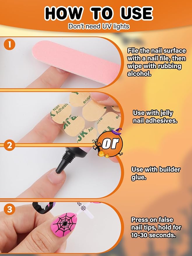 24Pcs Halloween Press on Nails, Fake Nails Full Cover Cute False Nails with Ghost Web Designs Pink Glossy Stick on Nails for Girls Kids with Nail Glue