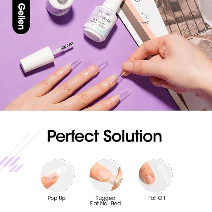 Gellen 5 in 1 Nail Glue for Nail Tips, 15ML Curing Needed UV Glue Gel for Clear Press on & Acrylic Nails, 28+ Days Long Lasting Adhesive Gel, DIY Home Salon Manicure