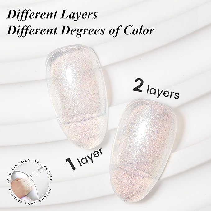YTD Likomey Pearlescent Glitter Gel Nail Polish,Mermaid Glitter 15ml Nude White Jelly Sheer Translucent Neutral Iridescent Colorful Shimmer Salon Home DIY Nails Art Manicure UV Nail Varnish,LS387