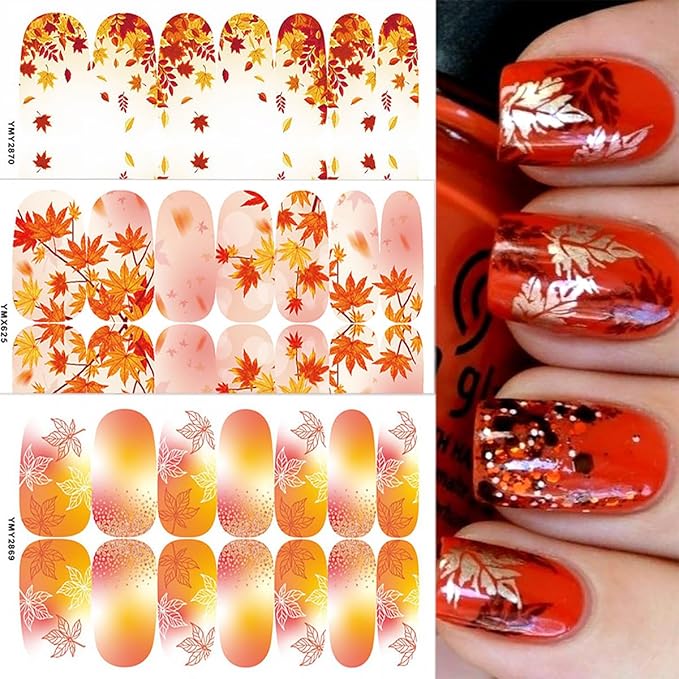 6 Sheets Fall Gel Nail Stickers Self-Adhesive Fall Gel Nail 3D Maple Leaf Fall Nail Wraps Stickers Strips Thanksgiving Maple Leaves Nail Polish Stickers for Women Autumn Nail Design DIY Kit