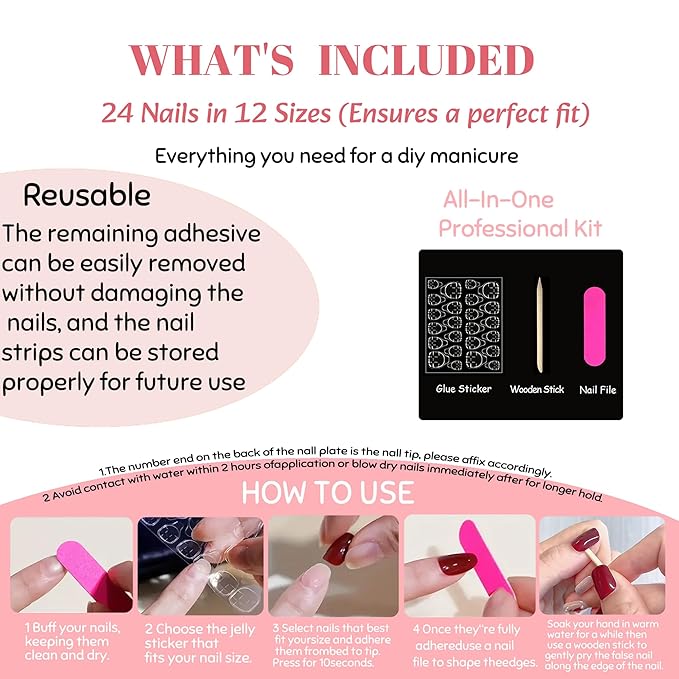 Pink Flower Press on Nails Medium Almond Fake Nails, Press ons with Polka Dots French Tips Designs, 3D Flower Nails Glossy Acrylic Reusable Full Cover Glue on Nails for Women Manicure