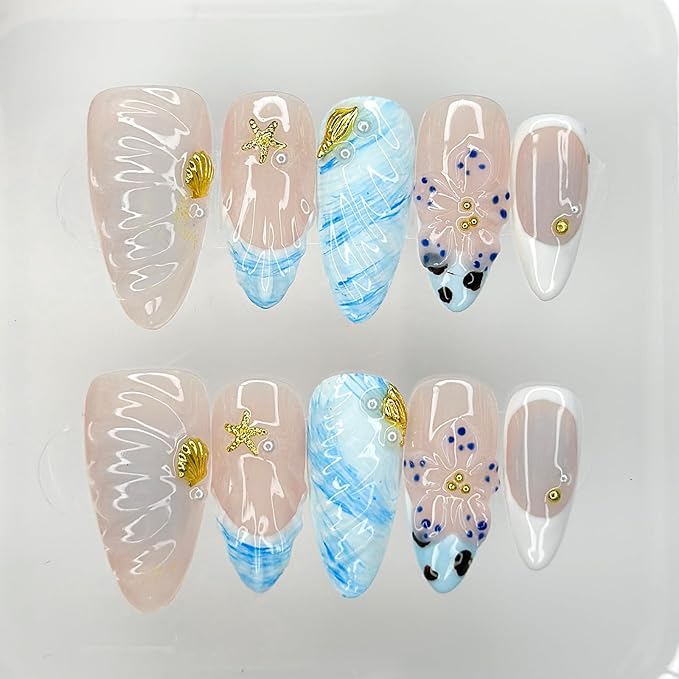 Luxury Press On Nails Medium Almond Handmade 3D Unique Reusable ABS Material False Nails Blue with Designs Starfish Floral Art Petal Glossy Glue on Nails Thick Acrylic Nails (10 Pieces, 1 Set)