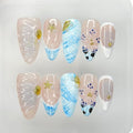 Luxury Press On Nails Medium Almond Handmade 3D Unique Reusable ABS Material False Nails Blue with Designs Starfish Floral Art Petal Glossy Glue on Nails Thick Acrylic Nails (10 Pieces, 1 Set)