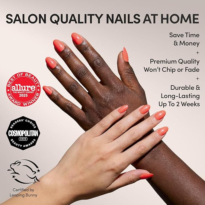 Valentines Day Glamnetic Press On Nails - Lush Coral | Short Oval Fake Nails in a Bright Coral Hue with a Glazed Finish, Salon Quality | 15 Sizes - 30 Nail Kit with Glue