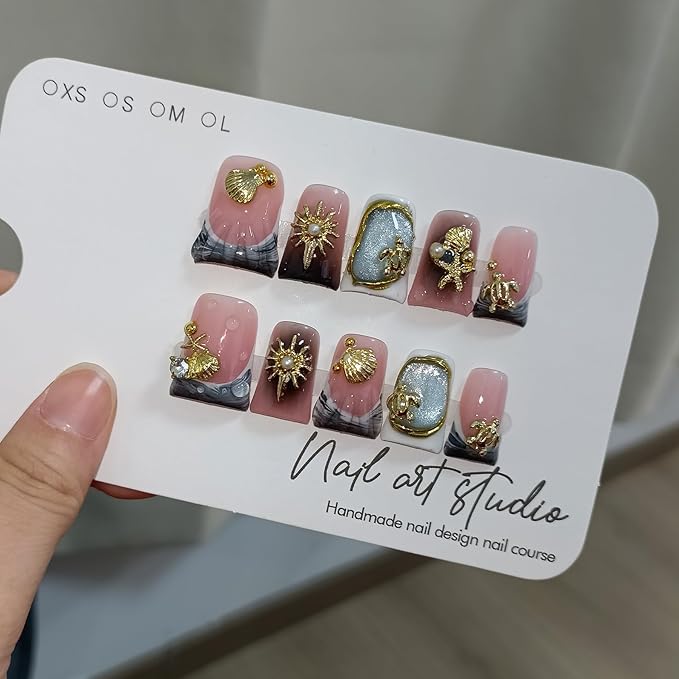Duckbill Press on Nails - Black Gray Cat Eye Ocean Metal Design Glue on Nails for Women| 10PCS Glitter False Nail with 3D Charms Designs | Gothic Y2K Style for Daily Party Wear,Duck Nails(M)