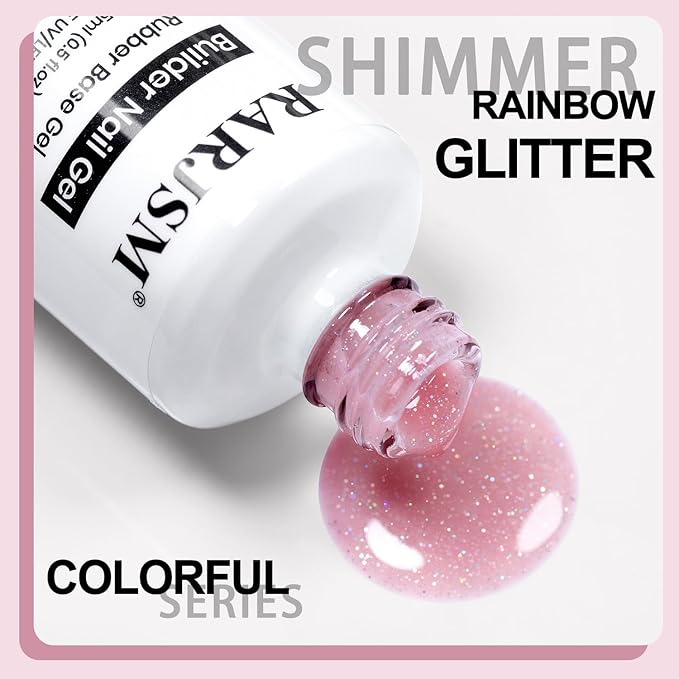RARJSM Nude Rosy Mauve Pink Rainbow Glitter Rubber Base Coat Gel Nail Polish Natural Skin Tone Iridescent Shimmer Brush on Extend Jelly Gelpolish Curing Requires 15ml Salon Home French Manicure