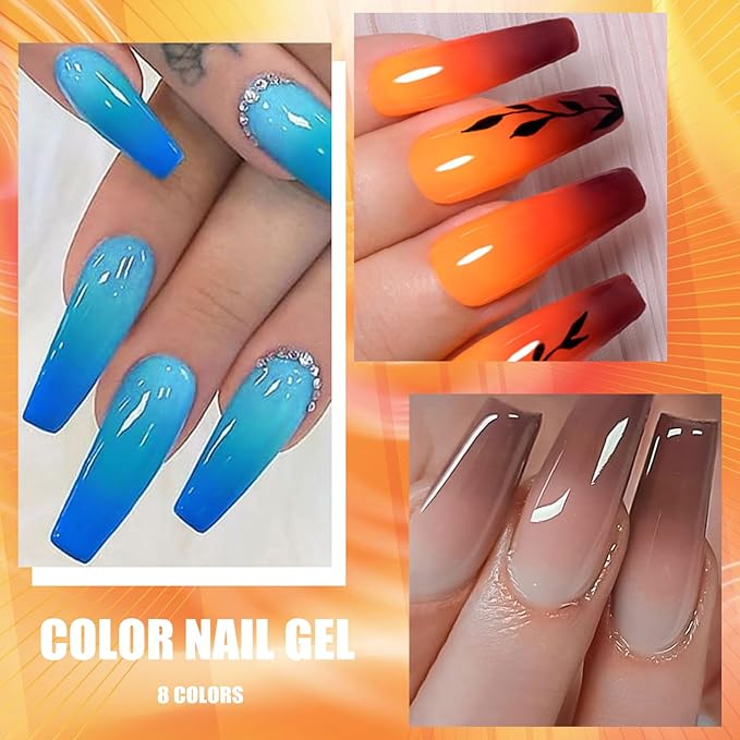 MEET ACROSS Color Changing Gel Nail Polish Set, 8 Pcs Red Orange Blue Coffee Grey Gel Polish Set Temperature Mood Changed Nail Polish Gel Gifts for Women Girl DIY Salon Home Manicure