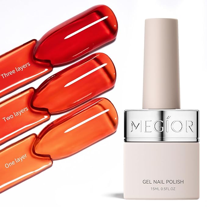 MEGIOR Capsicum Red Gel Nail Polish 0.5 Fl Oz Amber Red Neutral Transparent Colors Soak Off UV LED Lamp Light Cure Gel Polish Kit for Salon and Nail Art Starter Manicure DIY at Home