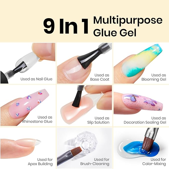 Beetles 2Pcs 15ml Gel Nail Glue, 9 In 1 UV Nail Glue for Acrylic Nail Tips, Super Strong Brush for Base Coat, Gift for Women, UV LED Light Required