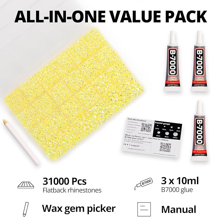 31000Pcs Yellow Resin Rhinestones for Bedazzling, Mixed Sizes 2-6mm Yellow Bedazzle Gem, Flatback Bedazzled Rhinestones Diamonds Jewels Crystals with Glue for Crafts Crafting Clothing and More