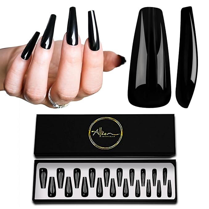 Allkem Coffin Press on Nails Extra Long Ballerina (20 Pieces) - Glossy Nail Extensions Kit - 10 Sizes Glue on Fake Nails (Black)