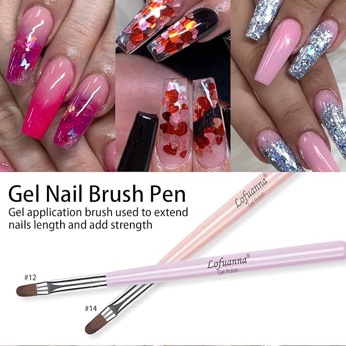 Lofuanna Nail Art Brushes Set Gel Nail Brush 7Pcs Poly Extension gel Brushes French Manicure Tools Nail Art Tips Builder Brushes Acrylic Painting Drawing Pen for Home and Professional Salon Use Sizes #2,4,6,8,10,12,14