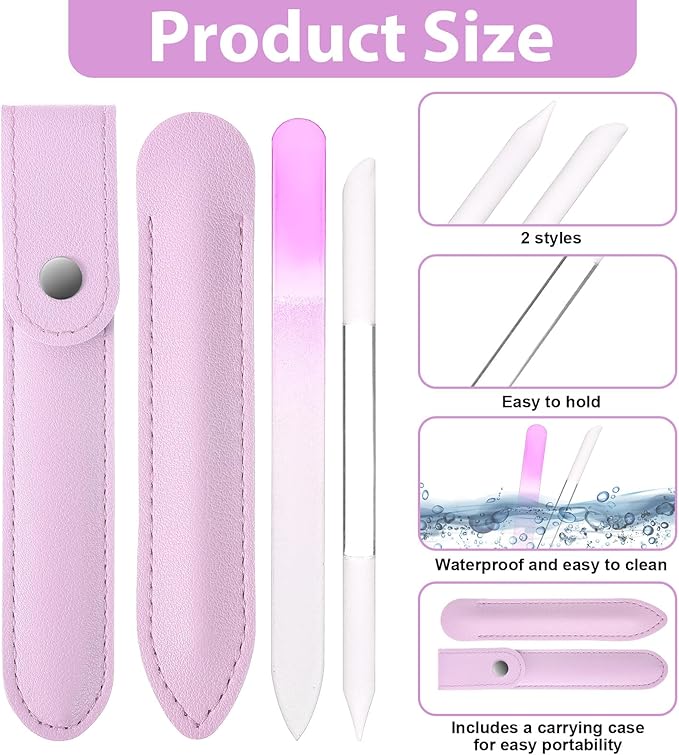 4 Pcs Glass Nail File Set, Glass Nail File & Cuticle Pusher, Glasss Nails Files with Leather Storage Bag, Nails Files Kit for Manicure Pedicure Toenail Buffer Cuticle Trimmer (Pink)