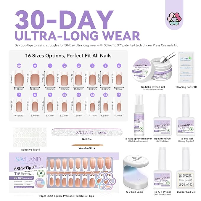 SAVILAND Press On Nails For Women: Gel Nail Kit Soft Gel Long Square Press Ons Nude Fake Nails 16 Sizes Long Lasting with Solid Nail Glue and Remover Bond Primer Builder Gels U V Lamp Tool