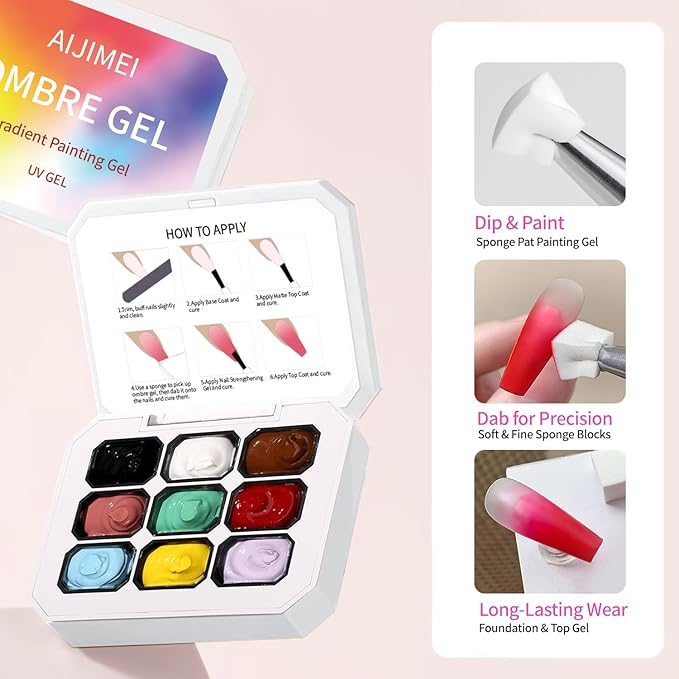 AIJIMEI Ombre Gel, Gradient Painting Gel, Ombre Gel Nail Polish, Including 100 Nail Sponges And Grabbing Pen Suitable For Salons And Family DIY (A3)