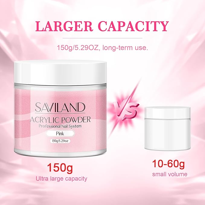 SAVILAND 5.29OZ Pink Acrylic Powder: Chip-Resistant Acrylic Nail Powder for Salon Effect Nail Extension 3D Carving Frech Manicure Long-Lasting for Begginers Home DIY Nail Salon