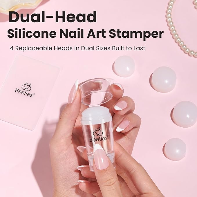 Beetles French Tip Tool Nail Stamp 6Pcs Silicone French Tips Stamp Kit with Replacement Stamper Heads and Scrapers Silicone Nail Art Printing Stuff for Home DIY Salon Manicure Tools Gifts for Girls