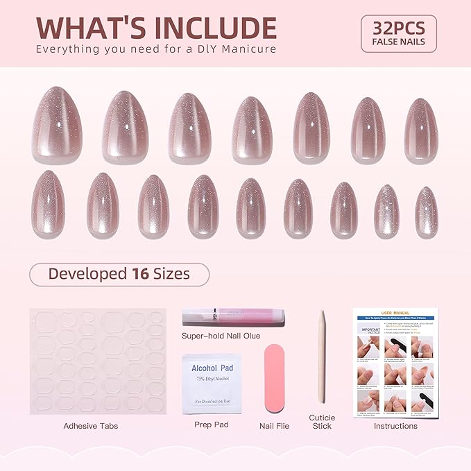 Gel Press On Nails - Short Almond False Nails, 16 Sizes - 32Pcs Reusable Soft Gel Tips Kit, Stick On Nails for Women, Stars