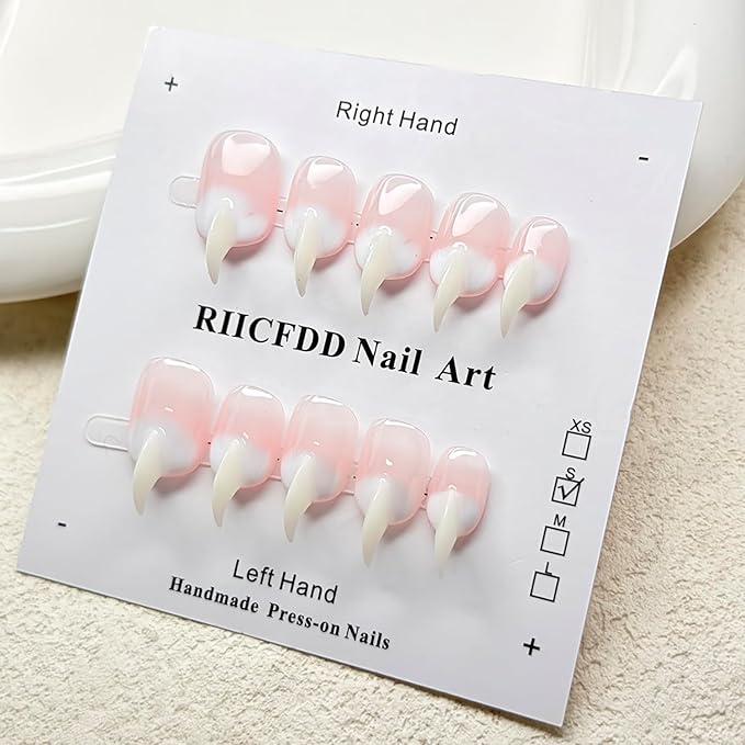 10 Pcs Handmade Press on Nails Medium Curved Stiletto Cat Claw Fake Nails Unique Pink White Designs Thick 3D Cat Claw Nails Press Ons Reusable Glossy Acrylic French Gradient Stick on Nail (S)