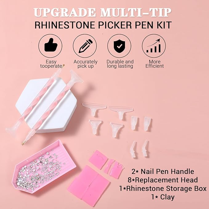 Rhinestone Pickup Tool Set: 2 Pcs Rhinestone Picker Handles Dual-Ended Rhinestones Applicator Dotting Tool Pen Shiny Diamond Dot Drill Pen for DIY Home Nail Salon