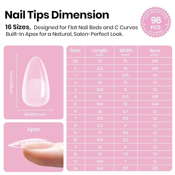 Beetles Tipex Lite Instant Apex Nail Tips, Short Almond, 16 Sizes | 00–14, Built-in Apex Acrylic Tips for Flat & Natural Nail Beds, Beginner-Friendly Easy DIY Nail Extensions